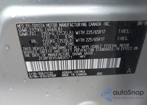 2018 Toyota Rav4 Xle from USA, damaged, VIN 2T3RFREV0JW830571
